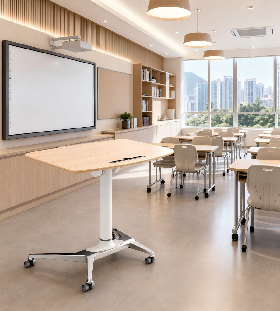 簡約淺木色升降式帶轆平板槽講台 Minimalist Light Wood Adjustable Podium with Tablet Slot and Wheels