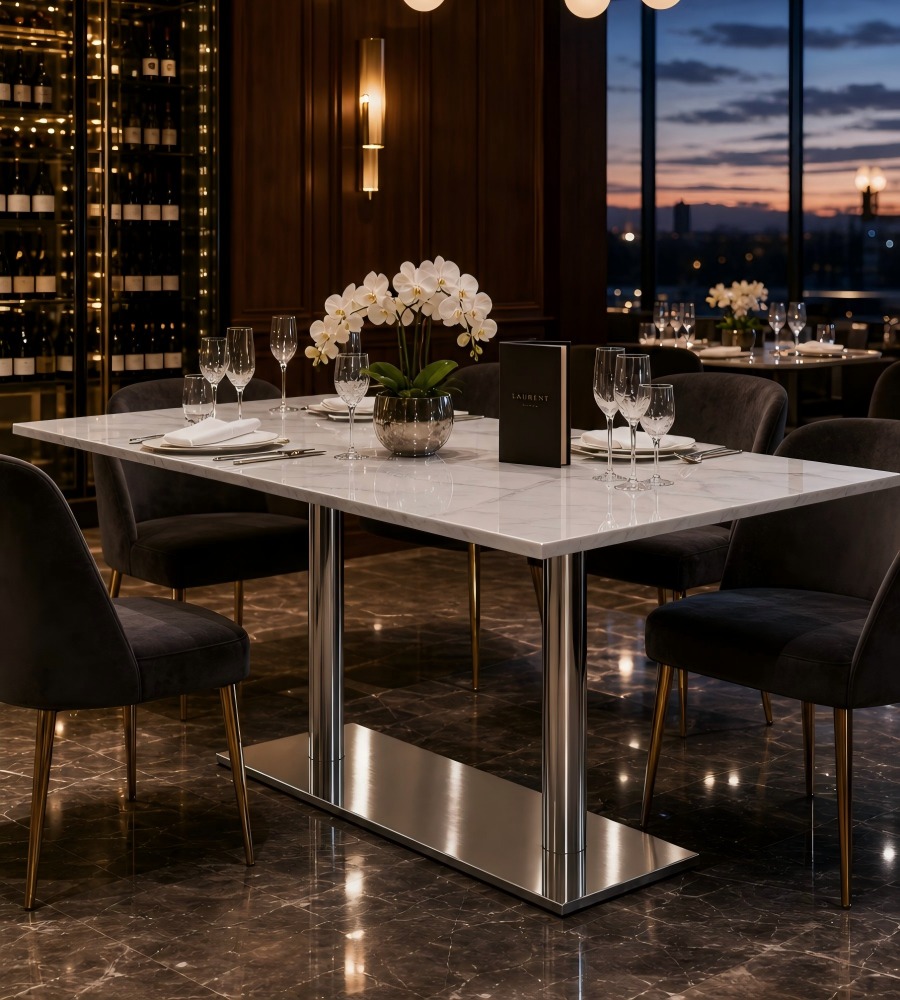 現代白色岩板不銹鋼餐枱 White Sintered Stone Dining Table