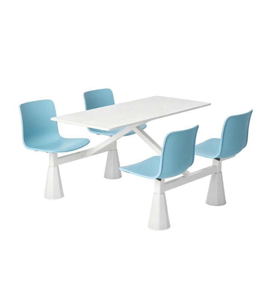 簡約學校飯堂白色岩板配淺藍色鋼架四人位連體餐枱 School Dining Table Set