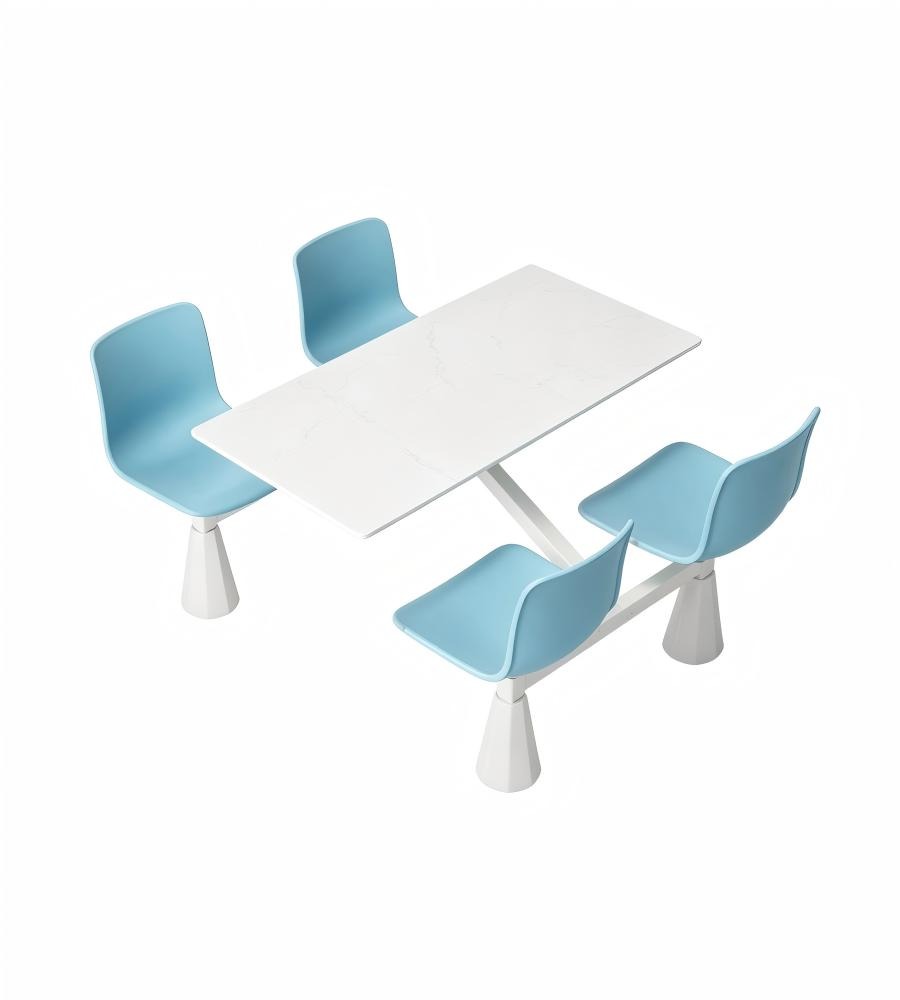 簡約學校飯堂白色岩板配淺藍色鋼架四人位連體餐枱 School Dining Table Set