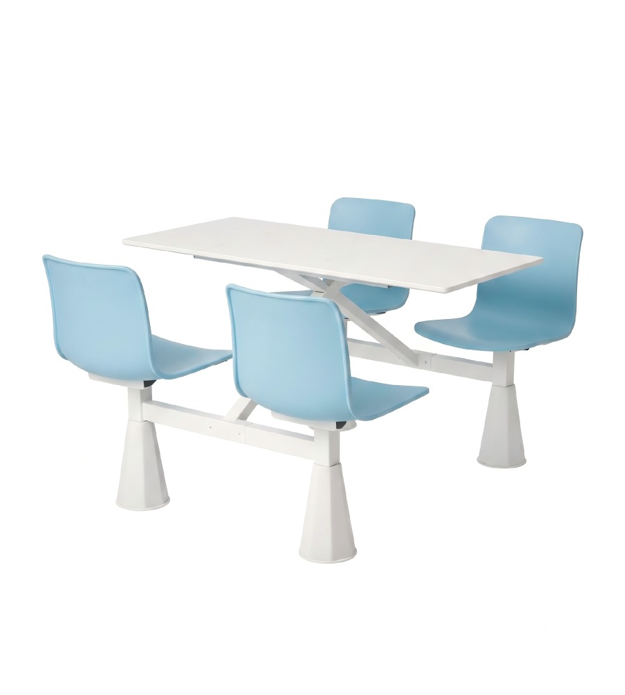 簡約學校飯堂白色岩板配淺藍色鋼架四人位連體餐枱 School Dining Table Set