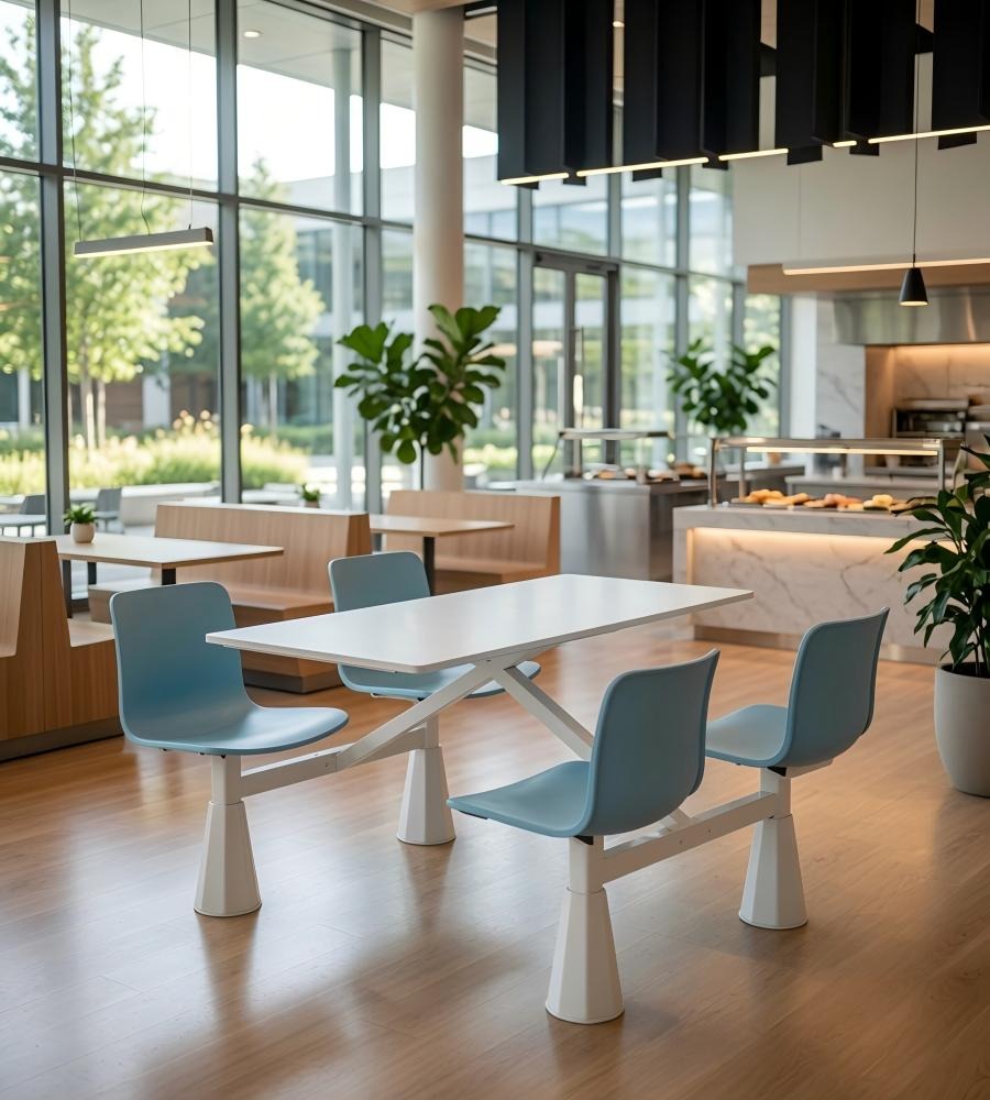簡約學校飯堂白色岩板配淺藍色鋼架四人位連體餐枱 School Dining Table Set