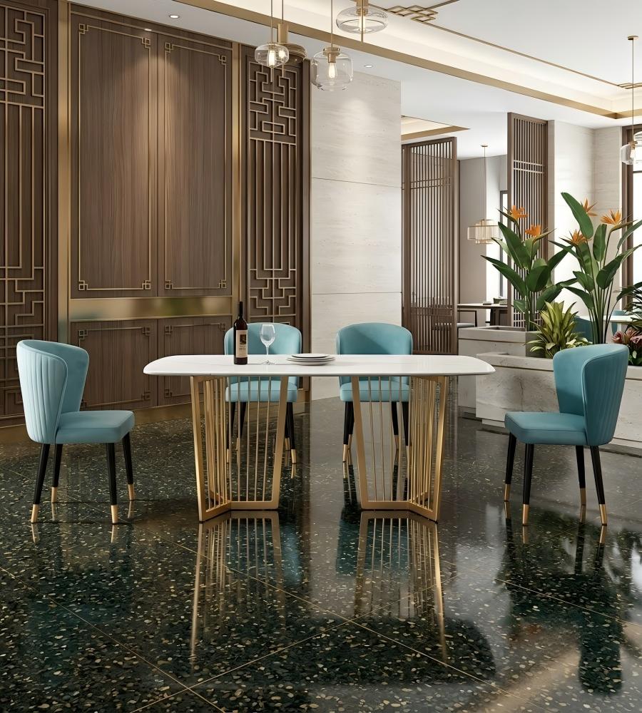 輕奢白色岩板鈦金腳長方形餐枱 Light Luxury White Sintered Stone Rectangular Dining Table