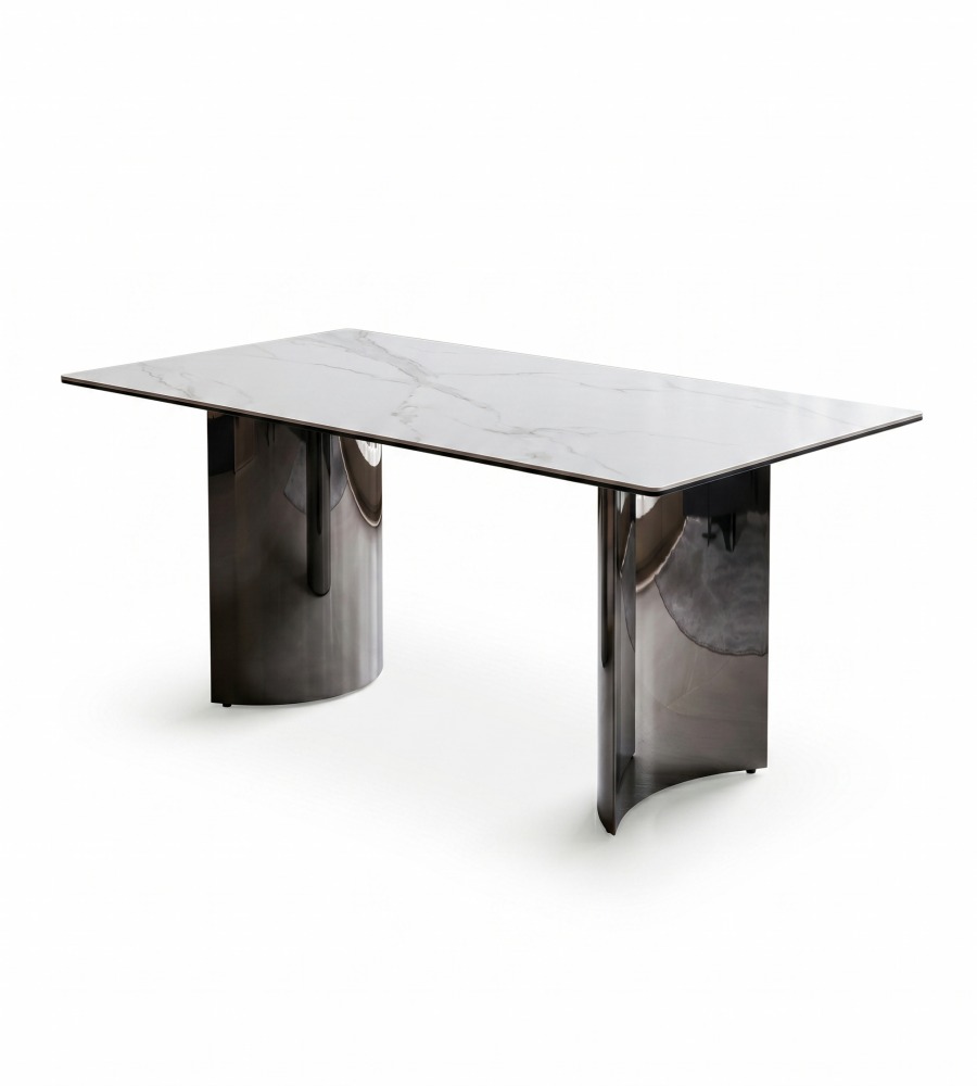 輕奢白色岩板黑鈦不銹鋼腳長方形餐枱 Light Luxury White Sintered Stone Dining Table