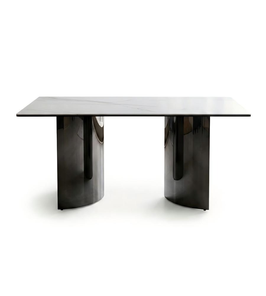 輕奢白色岩板黑鈦不銹鋼腳長方形餐枱 Light Luxury White Sintered Stone Dining Table