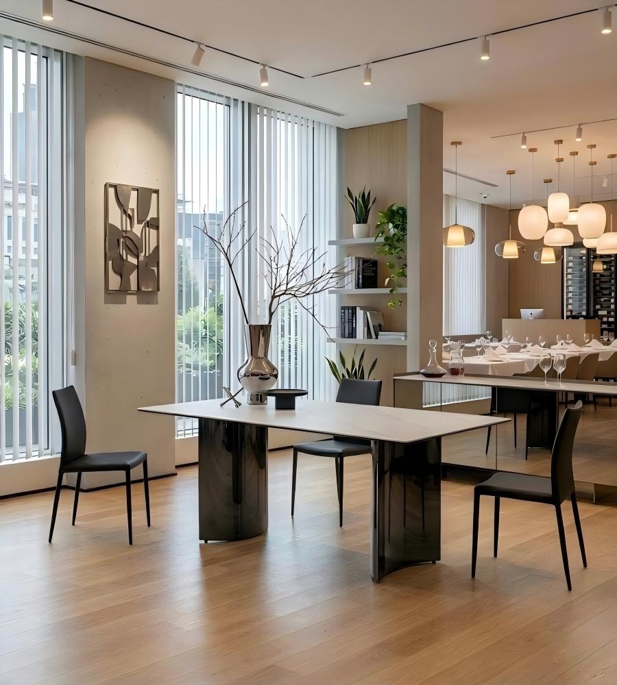 輕奢白色岩板黑鈦不銹鋼腳長方形餐枱 Light Luxury White Sintered Stone Dining Table