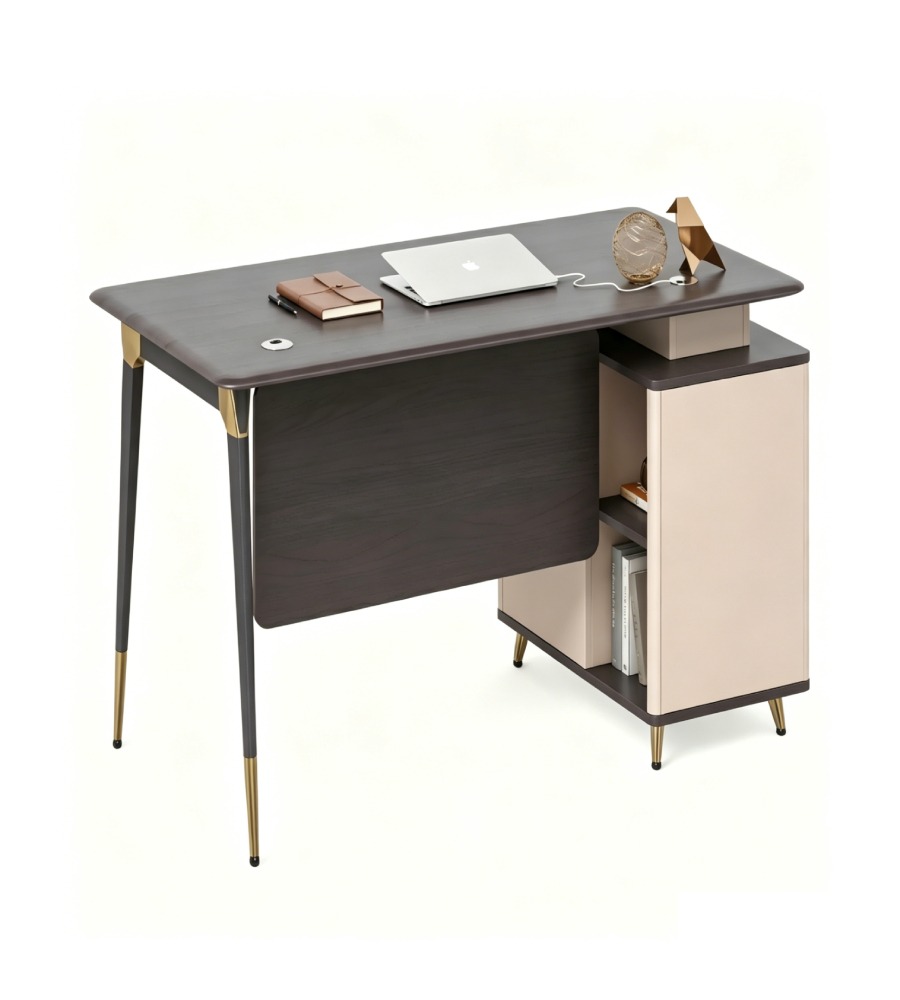 輕奢深木色鋼架帶密碼鎖活動櫃辦公枱 Light Luxury Dark Wood Office Desk with Mobile Cabinet