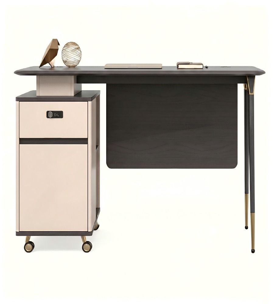 輕奢深木色鋼架帶密碼鎖活動櫃辦公枱 Light Luxury Dark Wood Office Desk with Mobile Cabinet