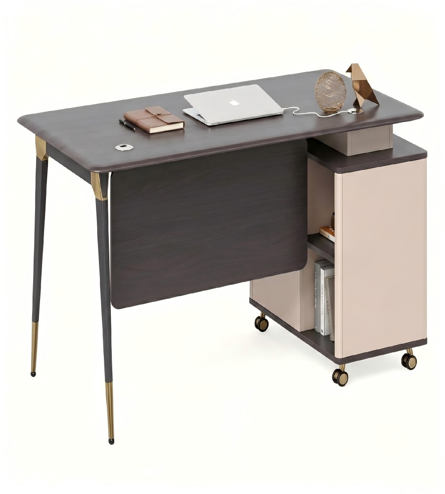 輕奢深木色鋼架帶密碼鎖活動櫃辦公枱 Light Luxury Dark Wood Office Desk with Mobile Cabinet