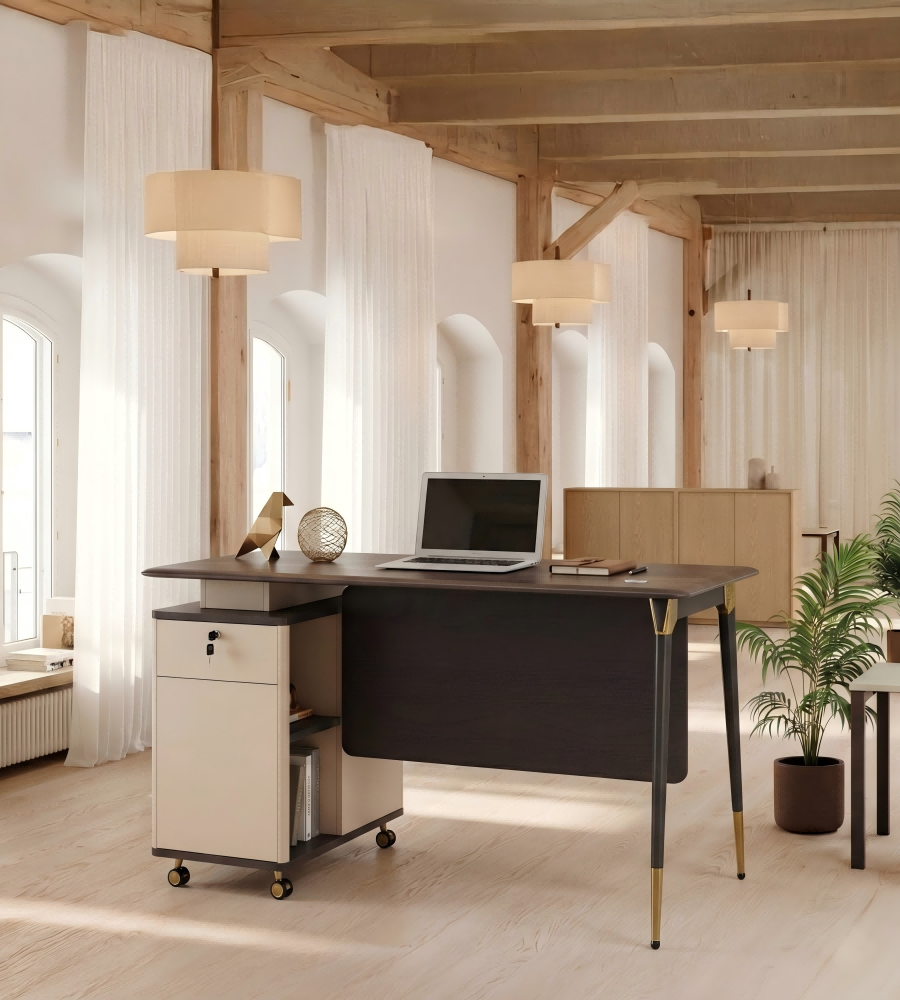 輕奢深木色鋼架帶密碼鎖活動櫃辦公枱 Light Luxury Dark Wood Office Desk with Mobile Cabinet