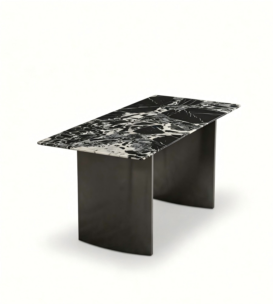 現代輕奢寶格麗黑天然石灰鈦腳長方形餐枱 Modern Luxury Bvlgari Black Natural Stone Dining Table