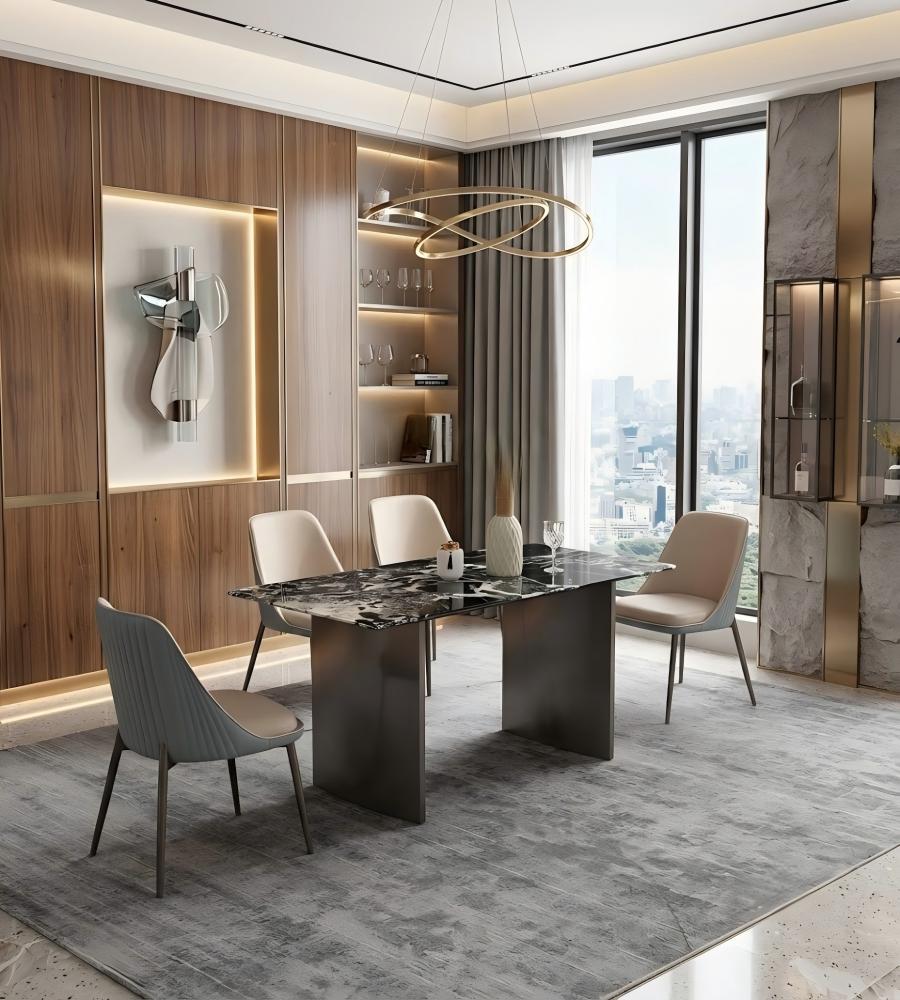 現代輕奢寶格麗黑天然石灰鈦腳長方形餐枱 Modern Luxury Bvlgari Black Natural Stone Dining Table