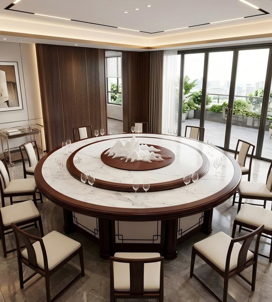 新中式大理石實木電動圓檯 New Chinese-Style Marble & Solid Wood Electric Round Table