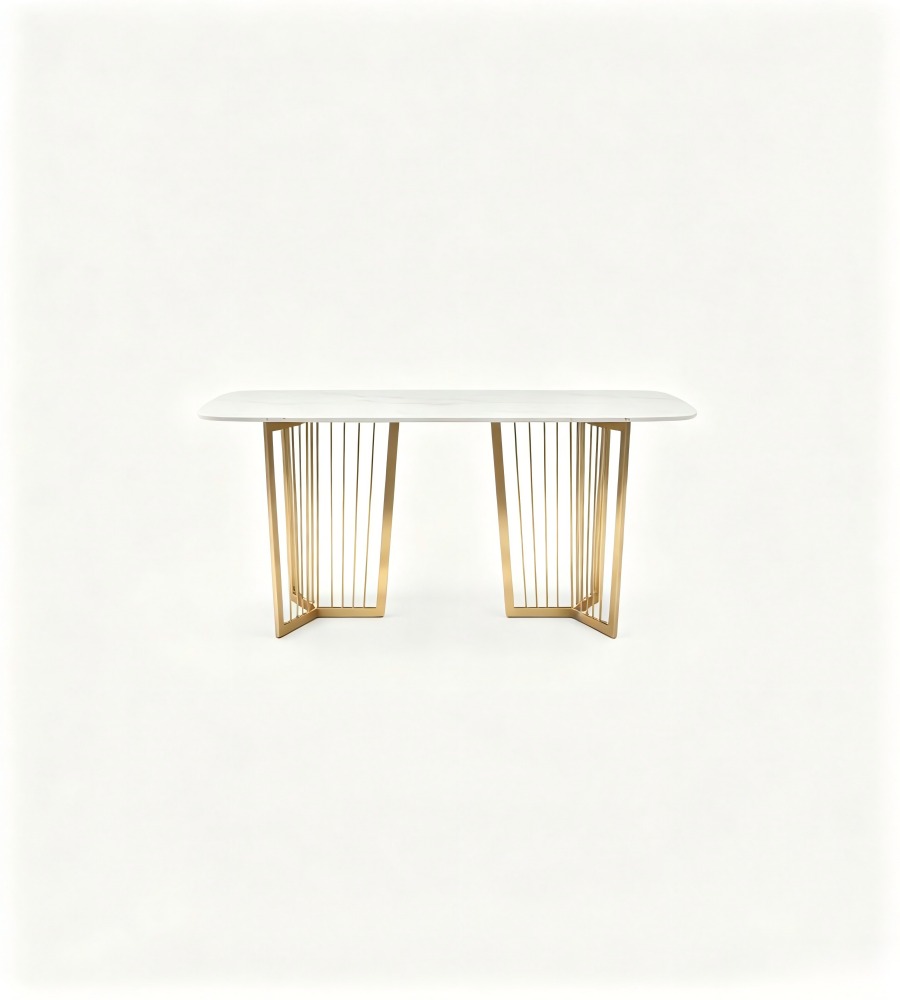 輕奢金屬線條大理石餐桌 Luxury Marble Dining Table with Metal Slatted Base