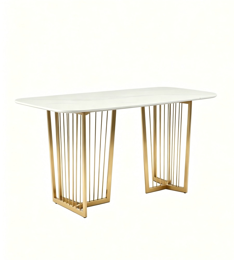 輕奢金屬線條大理石餐桌 Luxury Marble Dining Table with Metal Slatted Base