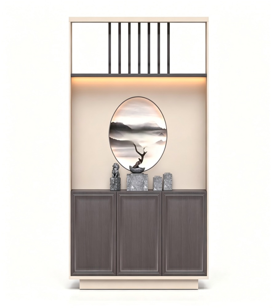 新中式深木色拼米色帶屏風三門儲物櫃 Modern Chinese 3-Door Screen Storage Cabinet