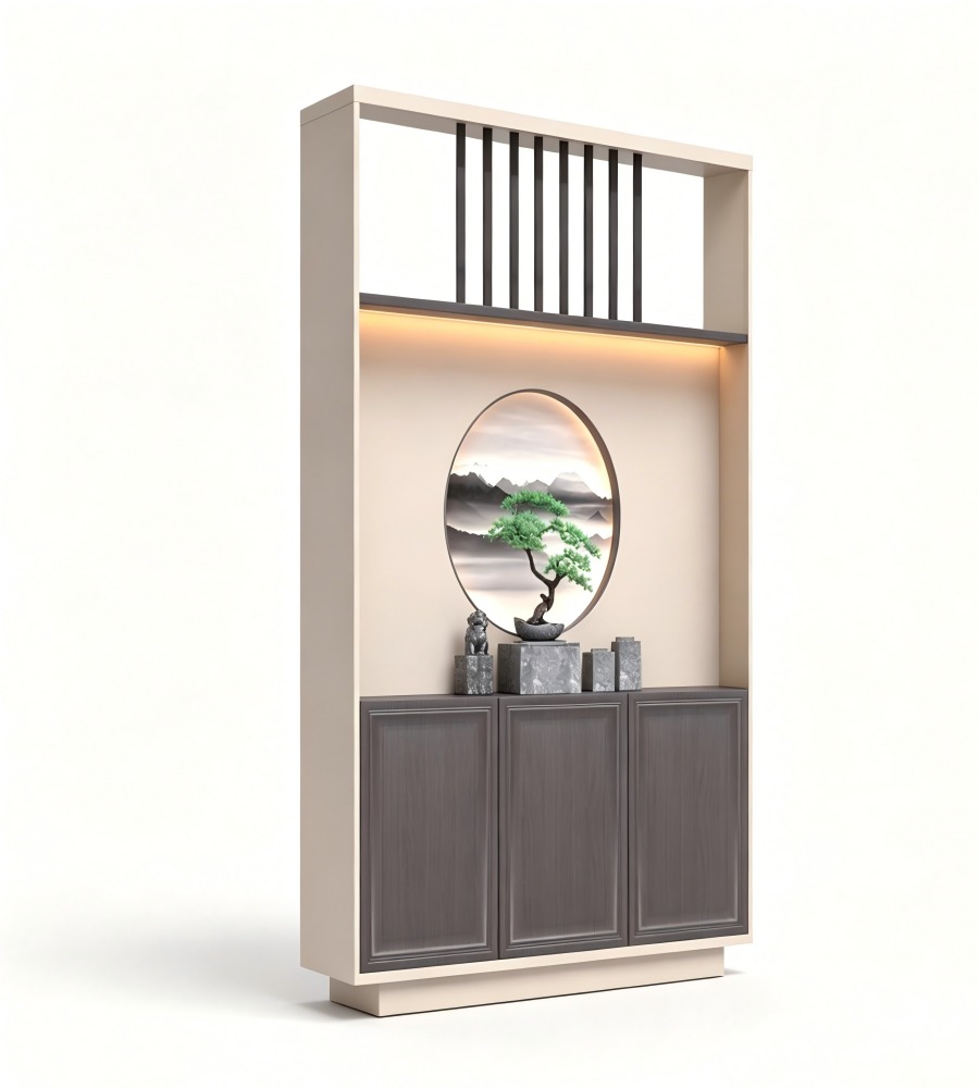 新中式深木色拼米色帶屏風三門儲物櫃 Modern Chinese 3-Door Screen Storage Cabinet