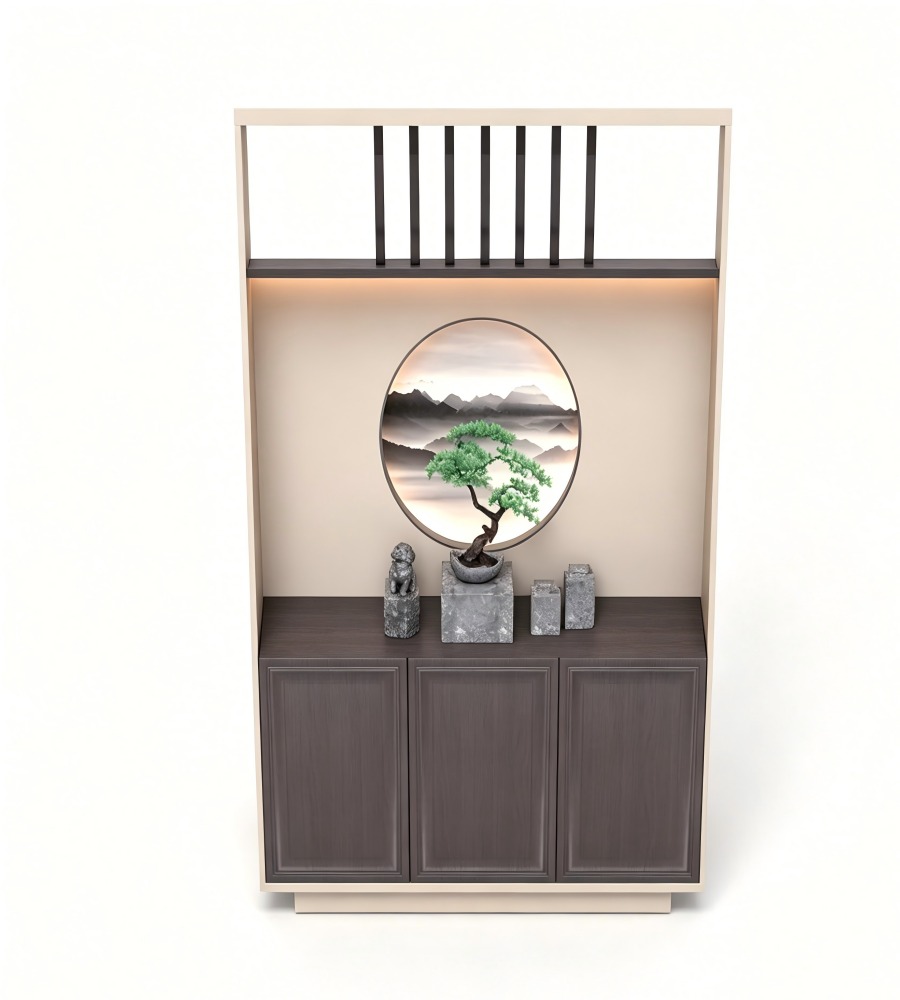 新中式深木色拼米色帶屏風三門儲物櫃 Modern Chinese 3-Door Screen Storage Cabinet