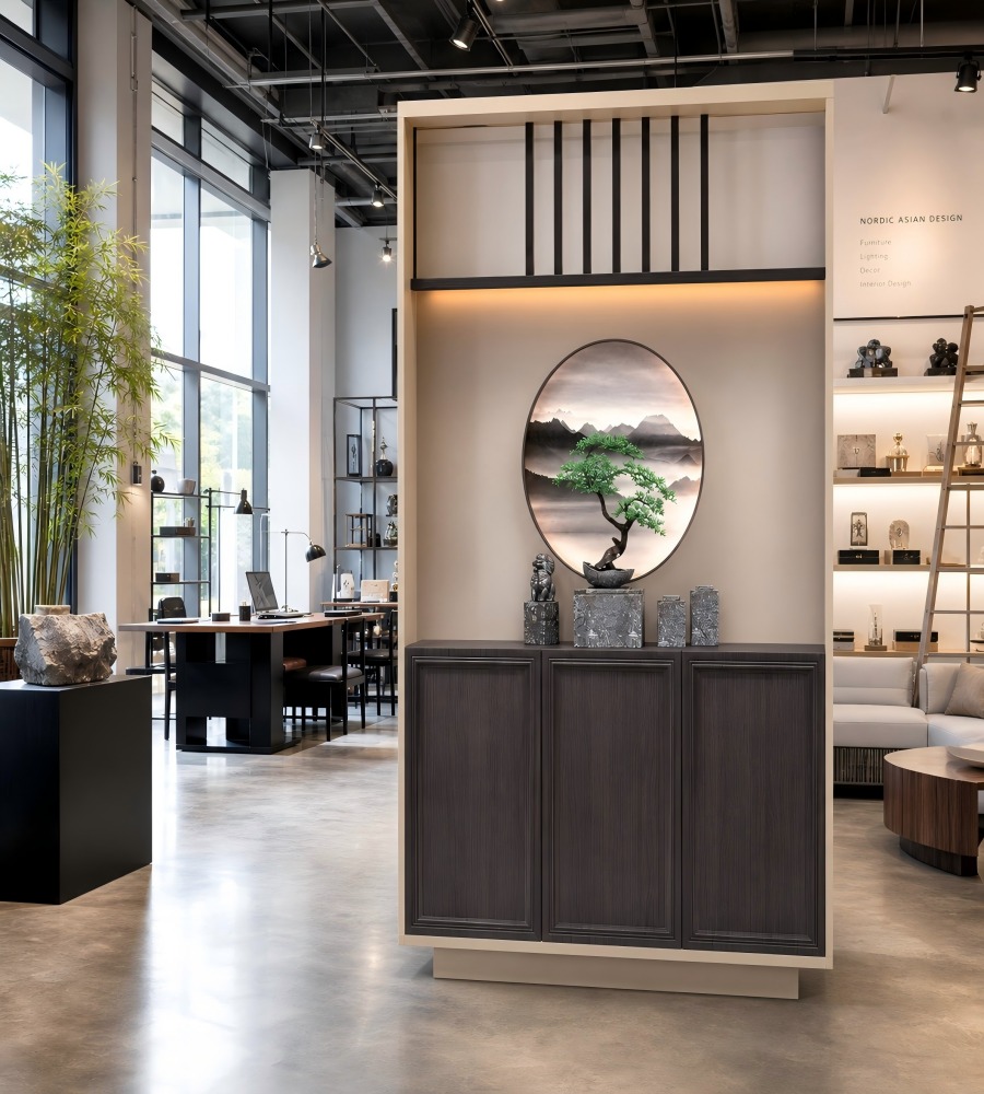 新中式深木色拼米色帶屏風三門儲物櫃 Modern Chinese 3-Door Screen Storage Cabinet