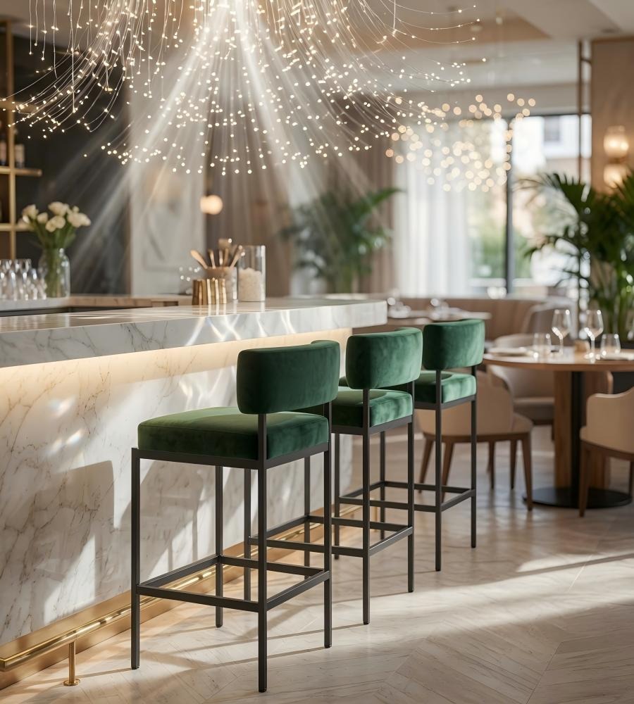 墨綠色布藝鋼架低背高腳凳吧椅 Green Fabric Steel Frame Bar Stool