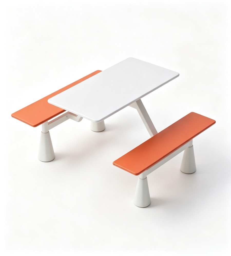 現代簡約橙色岩板防火板長凳固定學校餐枱 Modern Canteen Dining Table with Benches