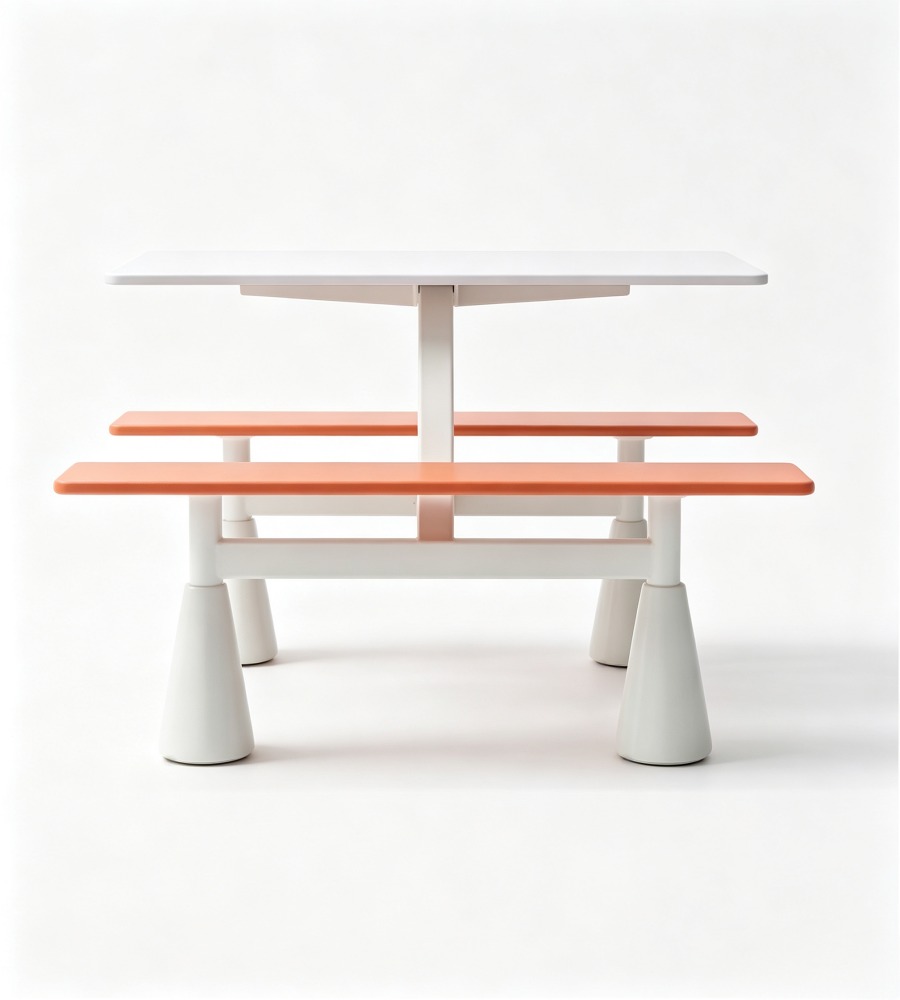 現代簡約橙色岩板防火板長凳固定學校餐枱 Modern Canteen Dining Table with Benches