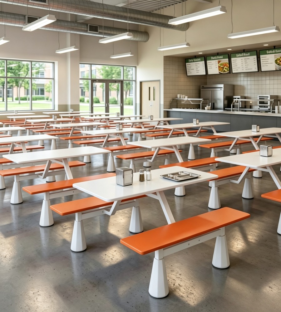 現代簡約橙色岩板防火板長凳固定學校餐枱 Modern Canteen Dining Table with Benches