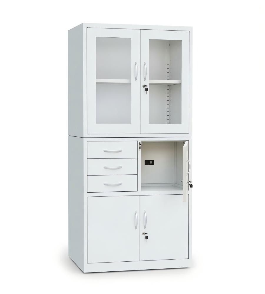 白色鋼架玻璃門三櫃桶帶鎖鋼櫃文件櫃 Modern White Steel Glass Door Cabinet