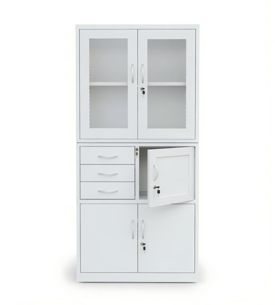 白色鋼架玻璃門三櫃桶帶鎖鋼櫃文件櫃 Modern White Steel Glass Door Cabinet