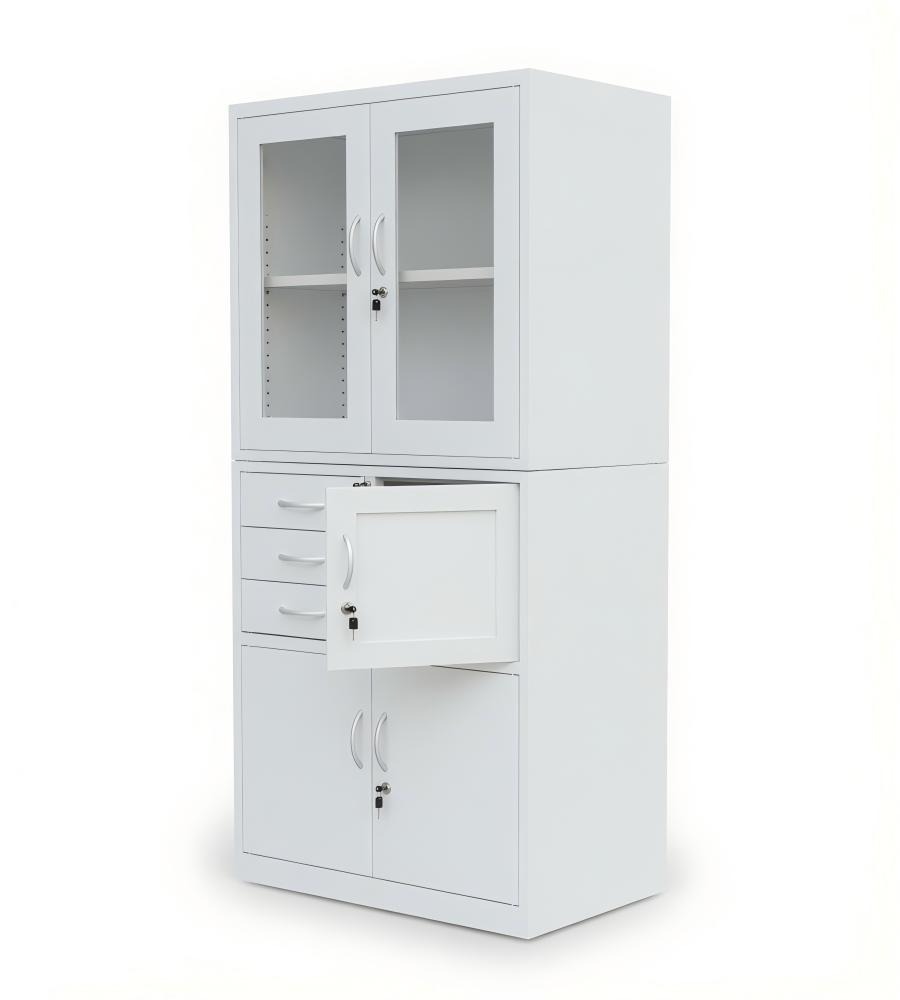 白色鋼架玻璃門三櫃桶帶鎖鋼櫃文件櫃 Modern White Steel Glass Door Cabinet