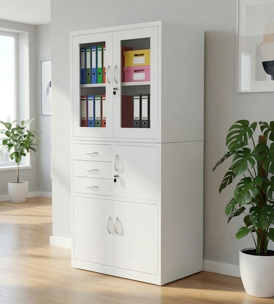 白色鋼架玻璃門三櫃桶帶鎖鋼櫃文件櫃 Modern White Steel Glass Door Cabinet