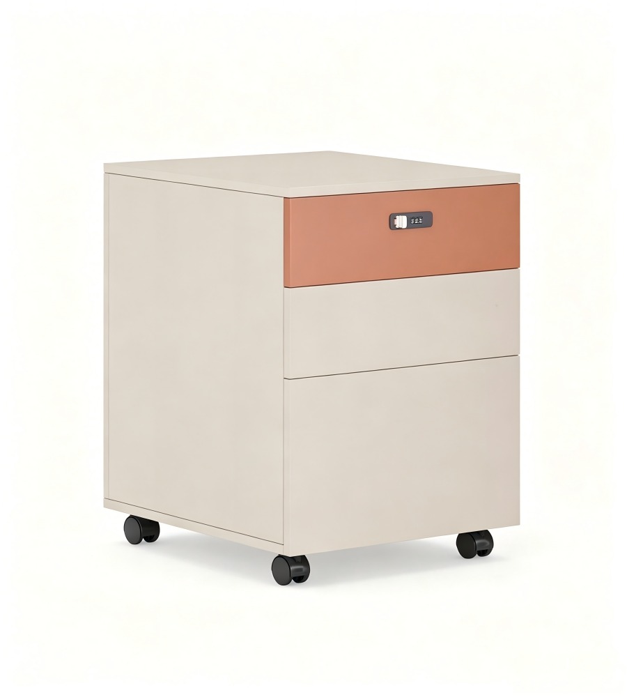 現代米色拼橙色三櫃桶密碼鎖帶轆活動櫃 Modern Beige & Orange 3-Drawer Mobile Pedestal