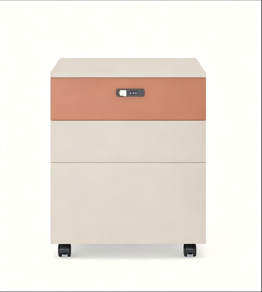 現代米色拼橙色三櫃桶密碼鎖帶轆活動櫃 Modern Beige & Orange 3-Drawer Mobile Pedestal