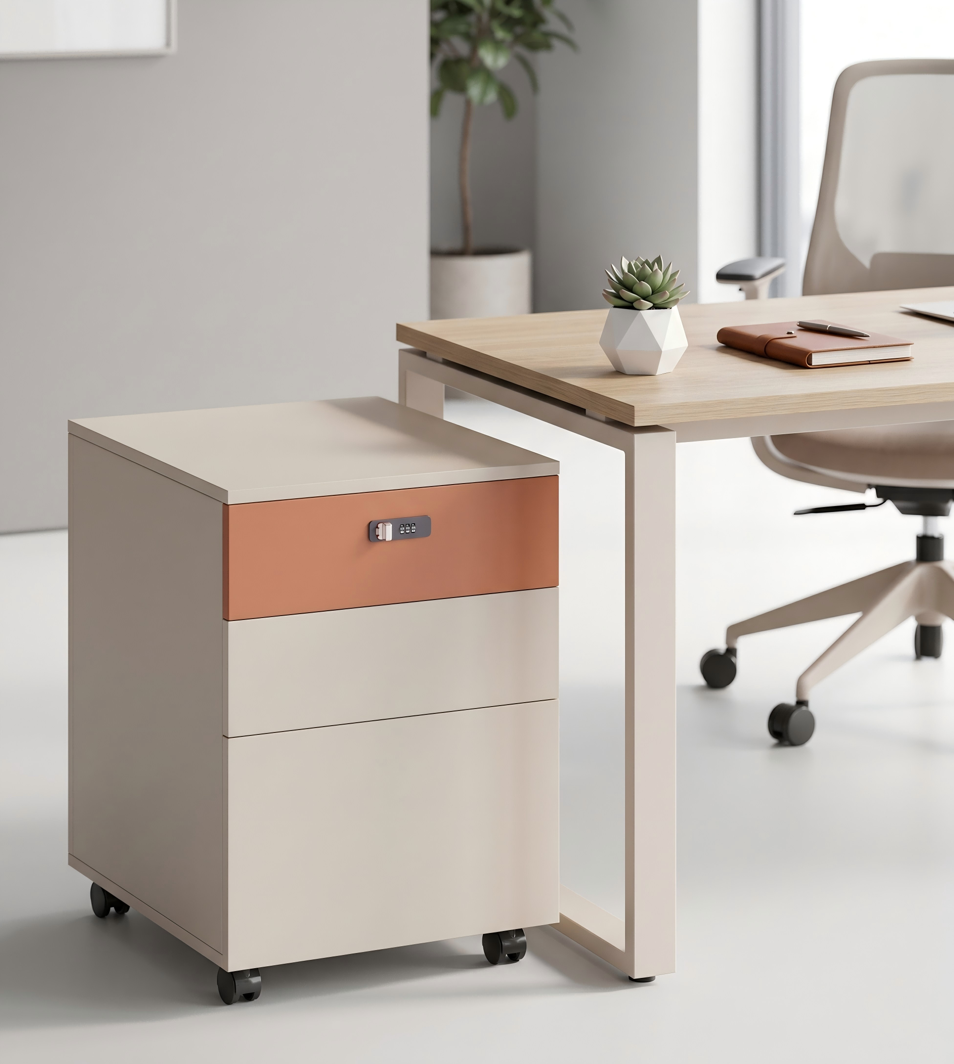 現代米色拼橙色三櫃桶密碼鎖帶轆活動櫃 Modern Beige & Orange 3-Drawer Mobile Pedestal