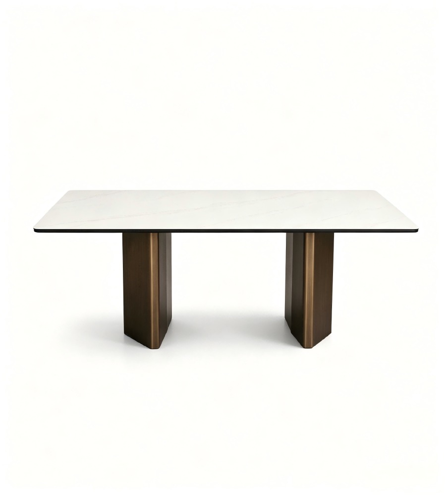 輕奢白色岩板青古銅腳長方形餐枱 Luxury White Sintered Stone Rectangular Dining Table