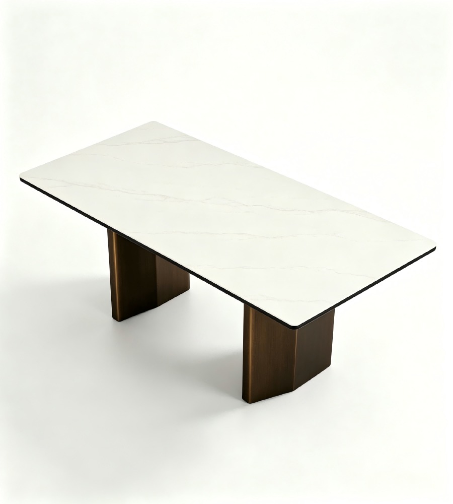 輕奢白色岩板青古銅腳長方形餐枱 Luxury White Sintered Stone Rectangular Dining Table
