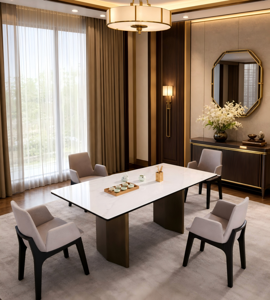 輕奢白色岩板青古銅腳長方形餐枱 Luxury White Sintered Stone Rectangular Dining Table