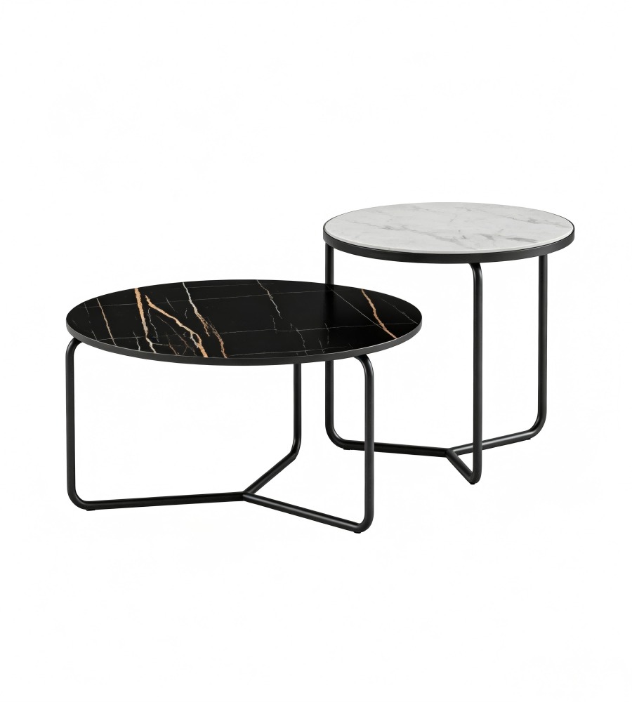 現代輕奢雪山白岩板黑色金屬腳圓形組合茶几 Modern White Sintered Stone Nesting Coffee Table