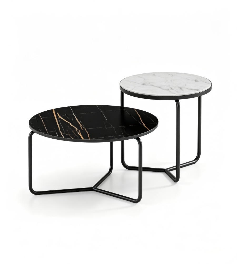 現代輕奢雪山白岩板黑色金屬腳圓形組合茶几 Modern White Sintered Stone Nesting Coffee Table