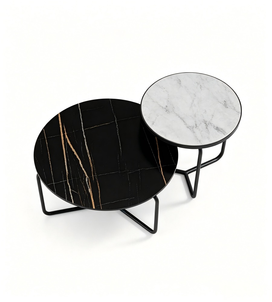 現代輕奢雪山白岩板黑色金屬腳圓形組合茶几 Modern White Sintered Stone Nesting Coffee Table