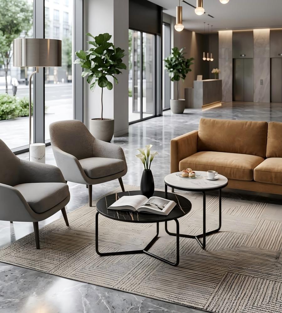 現代輕奢雪山白岩板黑色金屬腳圓形組合茶几 Modern White Sintered Stone Nesting Coffee Table