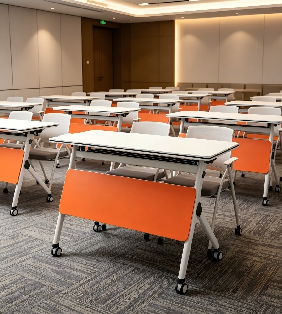 現代白色拼橙色可摺帶轆培訓枱 Modern White and Orange Foldable Training Table