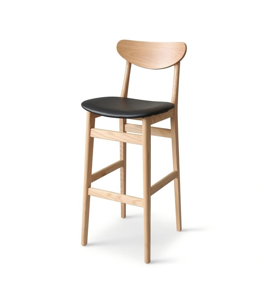 簡約黑色PU皮實木帶靠背吧椅 Minimalist PU Leather Wood Bar Stool