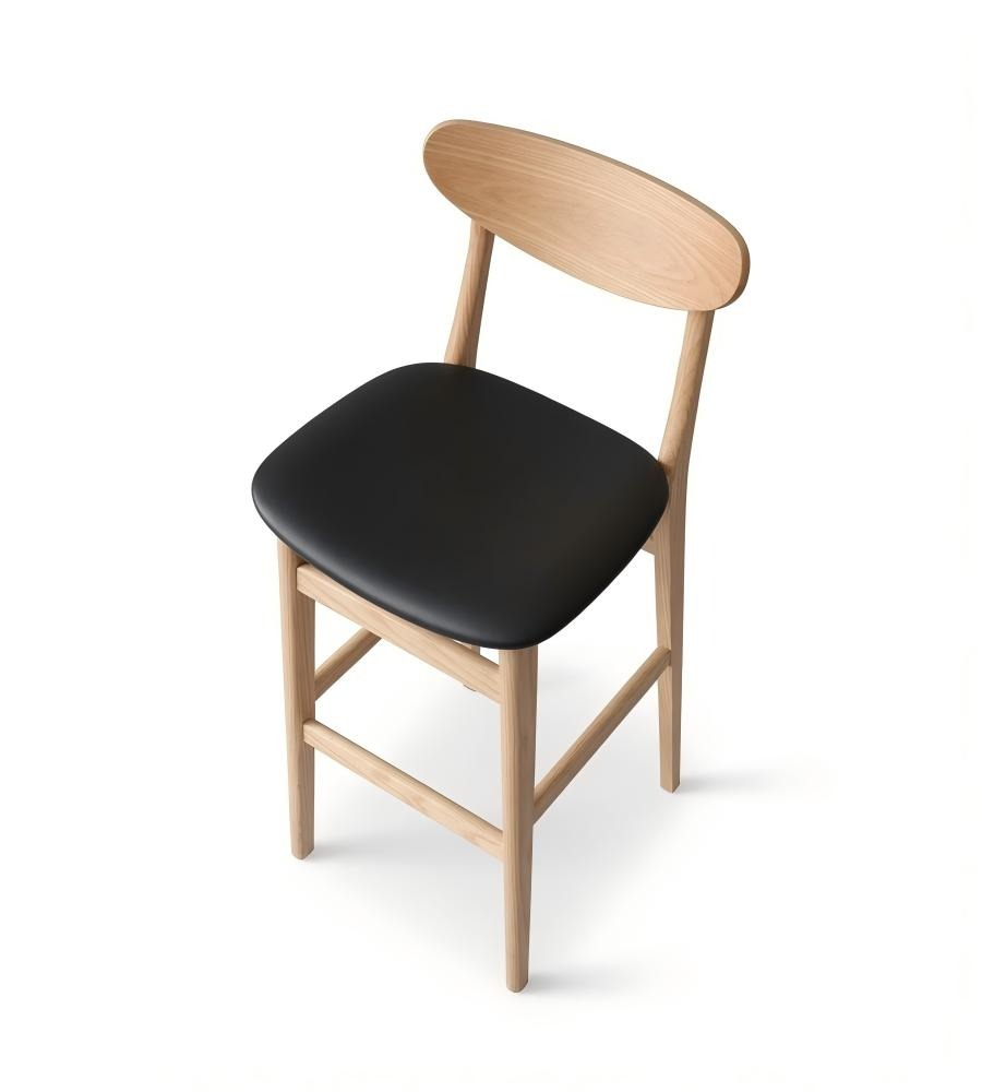 簡約黑色PU皮實木帶靠背吧椅 Minimalist PU Leather Wood Bar Stool