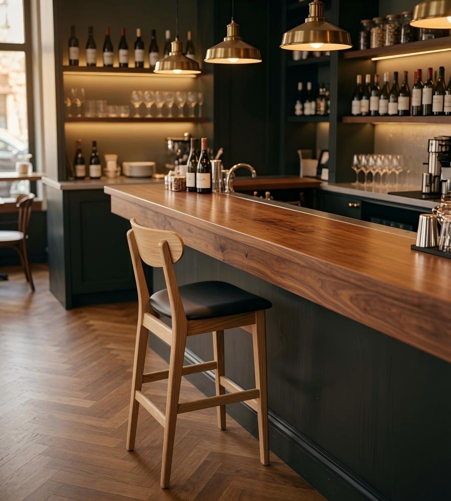 簡約黑色PU皮實木帶靠背吧椅 Minimalist PU Leather Wood Bar Stool