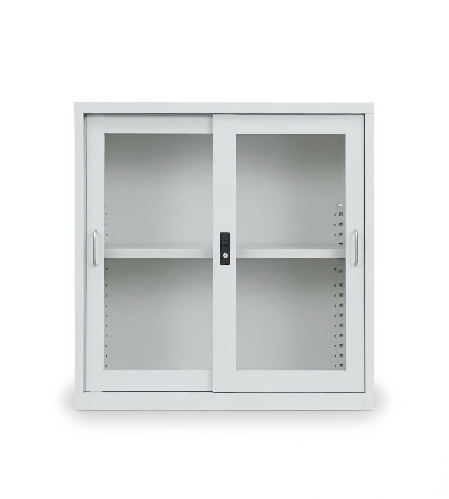 白色鋼製趟門玻璃矮身文件櫃 White Steel Sliding Glass Door Low File Cabinet