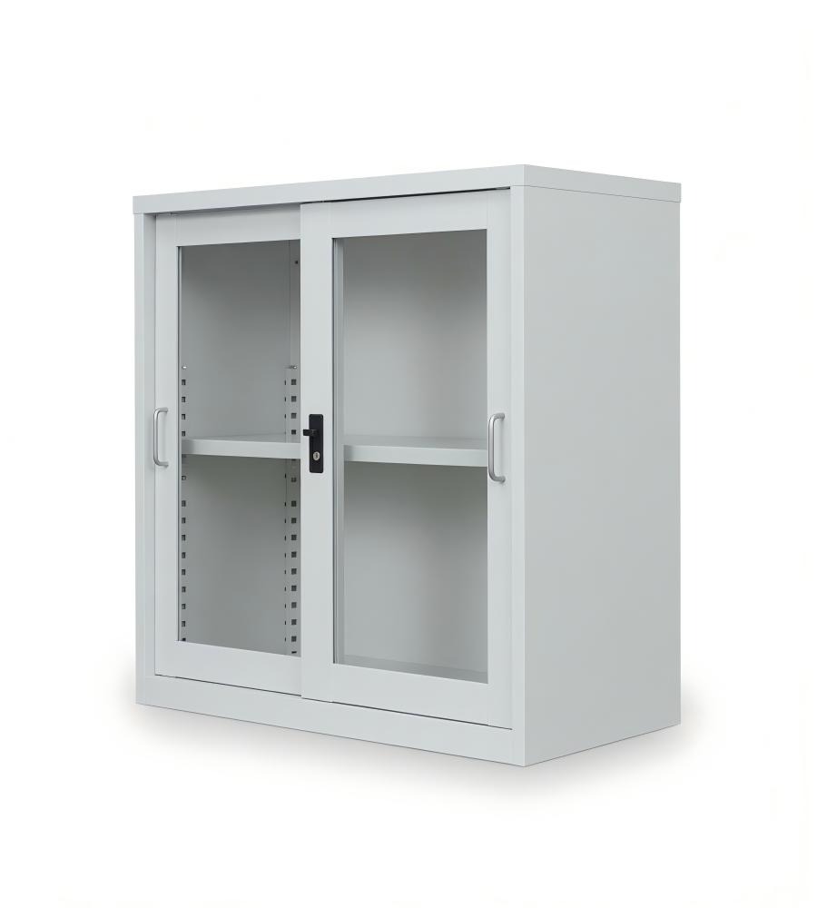 白色鋼製趟門玻璃矮身文件櫃 White Steel Sliding Glass Door Low File Cabinet