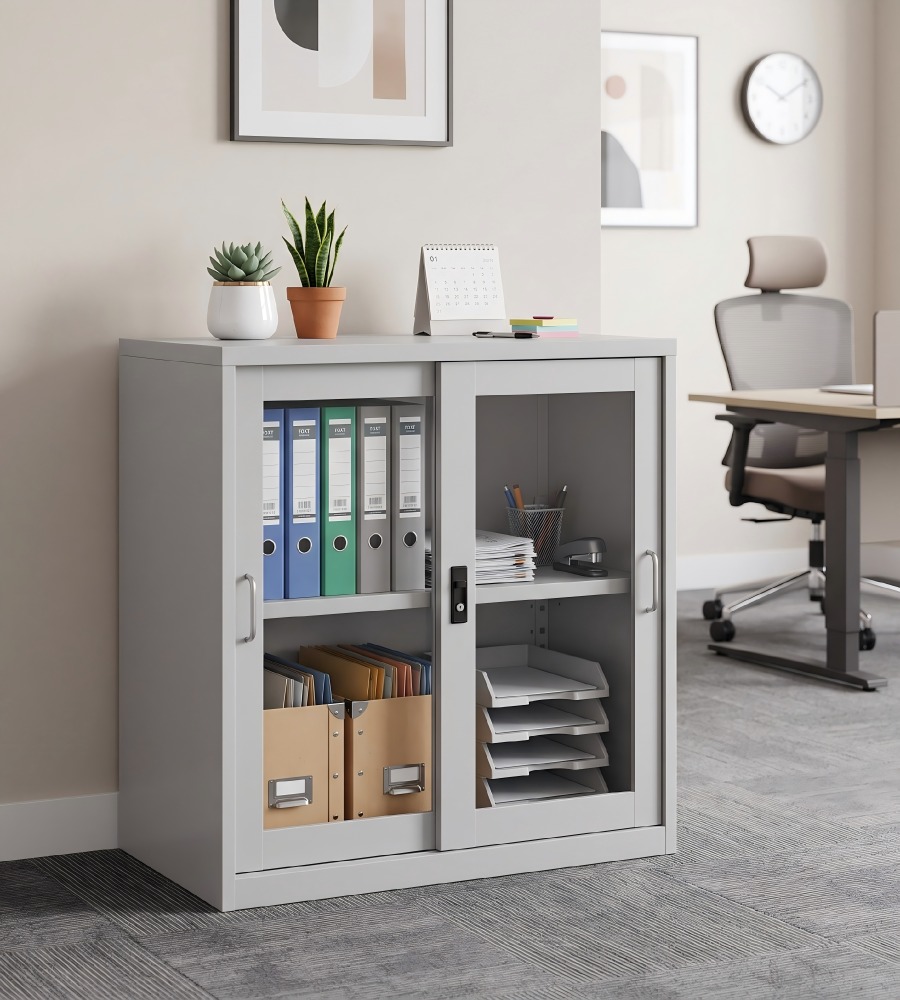 白色鋼製趟門玻璃矮身文件櫃 White Steel Sliding Glass Door Low File Cabinet