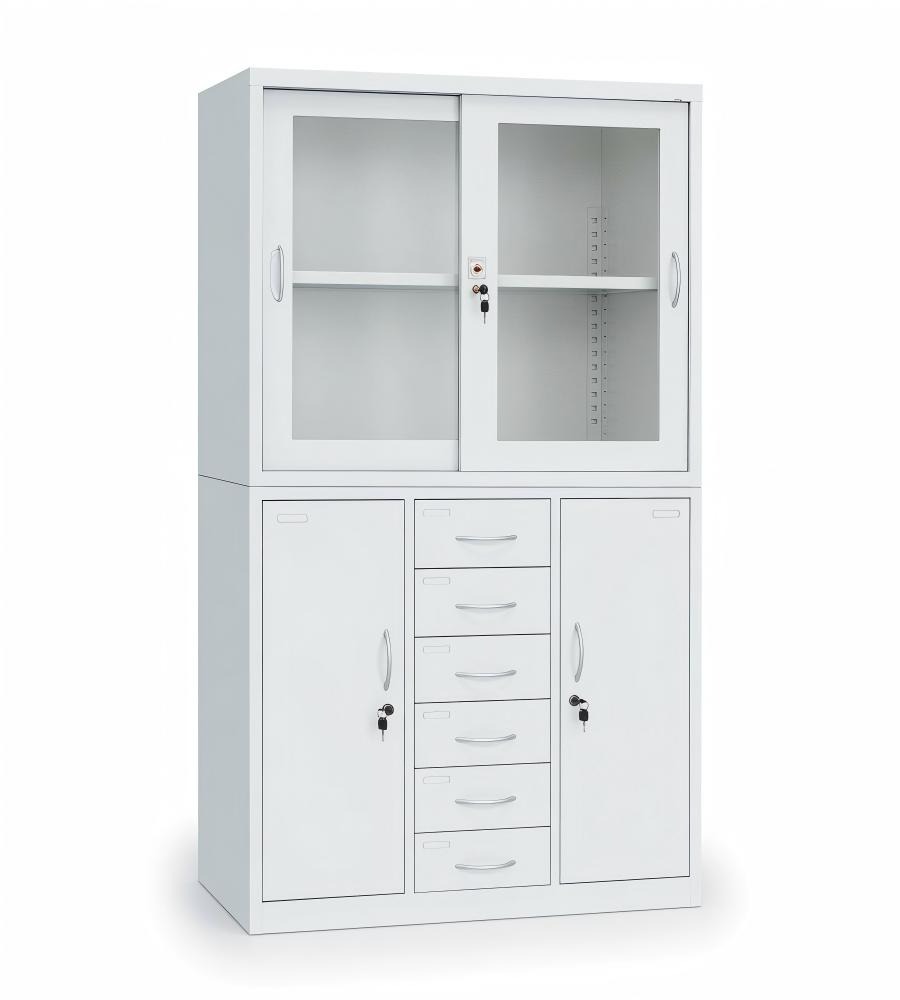 白色鋼製玻璃趟門帶六櫃桶文件櫃 White Steel Sliding Glass Door File Cabinet with 6 Drawers