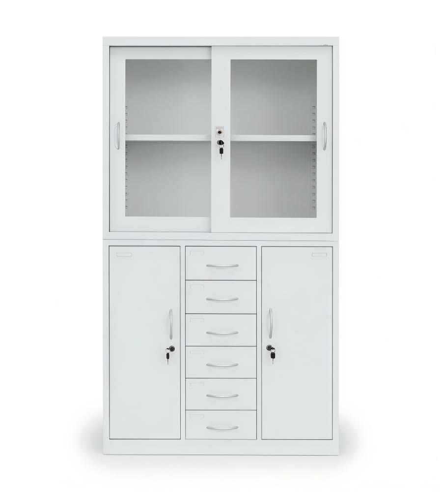 白色鋼製玻璃趟門帶六櫃桶文件櫃 White Steel Sliding Glass Door File Cabinet with 6 Drawers